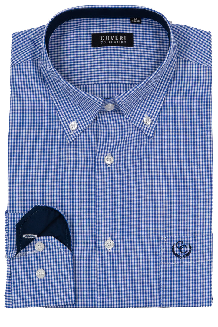 Camicia uomo button down Coveri Collection in puro cotone fantasia con interno collo e polsini in contrasto e ultimo bottone blu