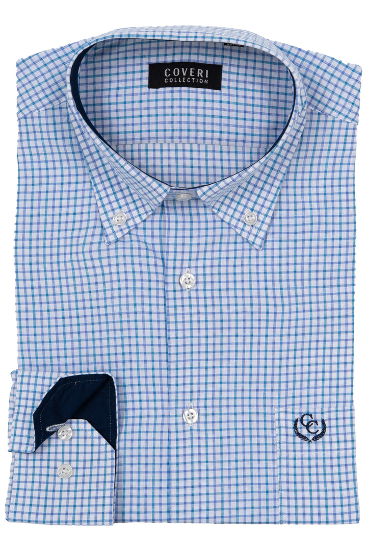 Camicia uomo button down Coveri Collection in puro cotone fantasia con interno collo e polsini in contrasto e ultimo bottone blu