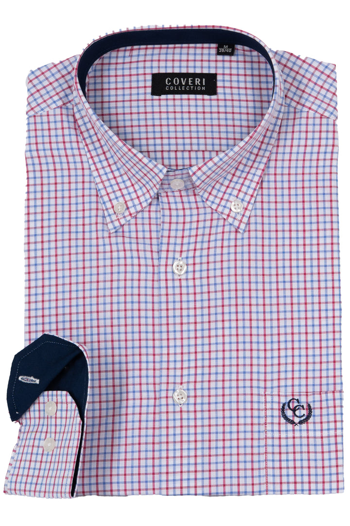 Camicia uomo button down Coveri Collection in puro cotone fantasia con interno collo e polsini in contrasto e ultimo bottone blu