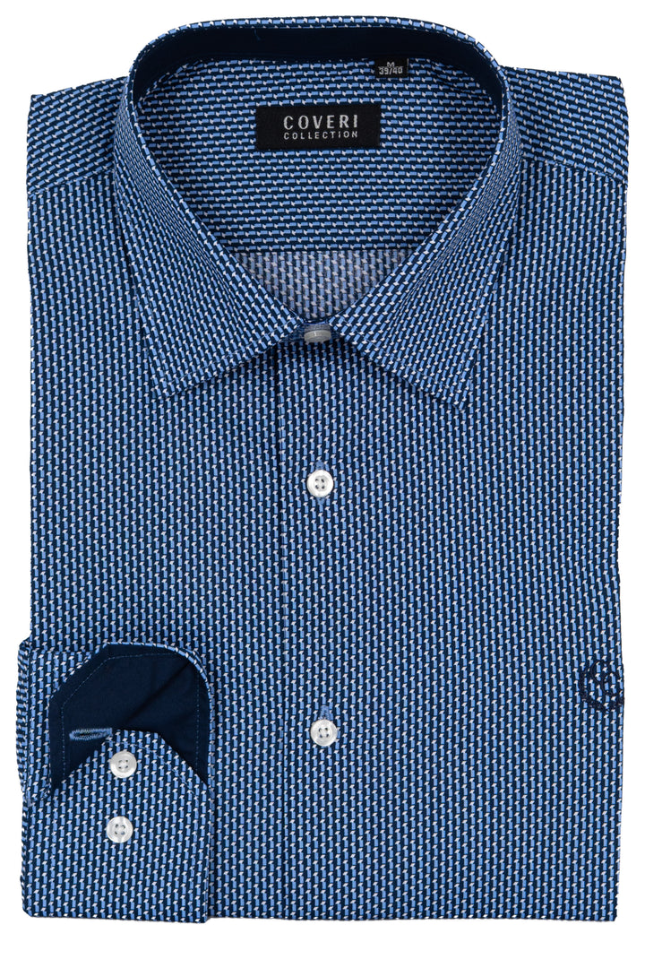 Camicia uomo collo classico Coveri Collection in puro cotone microfantasia con interno collo e polsini in contrasto e ultimo bottone blu