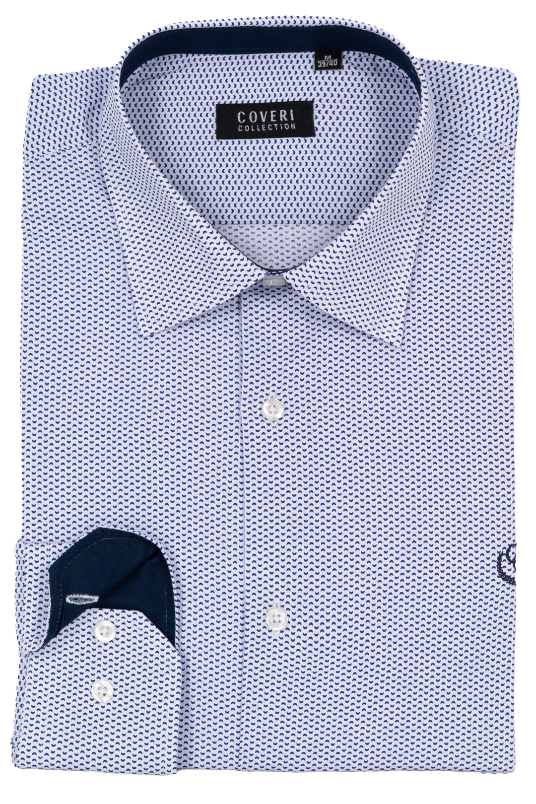 Camicia uomo collo classico Coveri Collection in puro cotone microfantasia con interno collo e polsini in contrasto e ultimo bottone blu