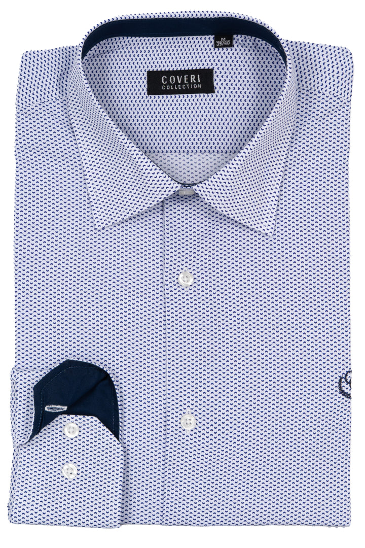 Camicia uomo collo classico Coveri Collection in puro cotone microfantasia con interno collo e polsini in contrasto e ultimo bottone blu