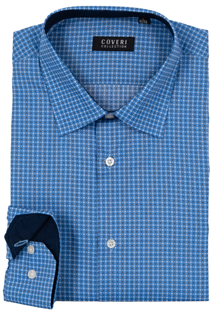 Camicia uomo collo classico Coveri Collection in puro cotone microfantasia con interno collo e polsini in contrasto e ultimo bottone blu