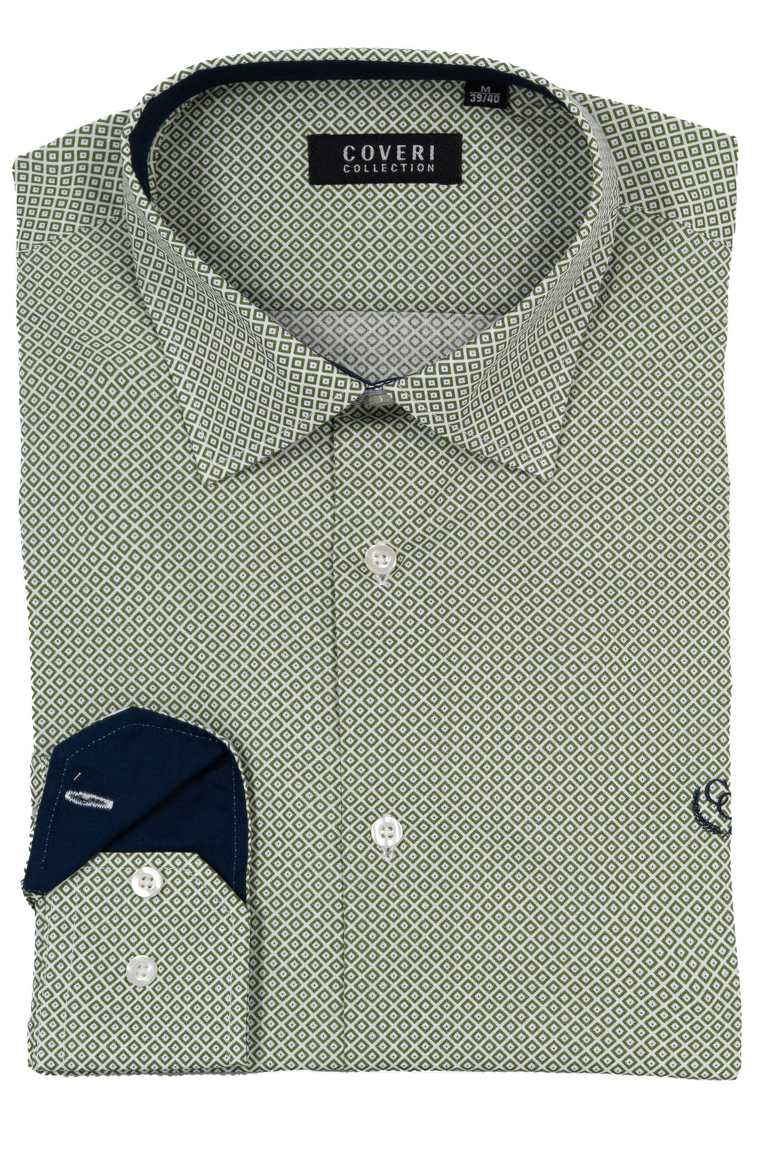 Camicia uomo collo classico Coveri Collection in puro cotone microfantasia con interno collo e polsini in contrasto e ultimo bottone blu