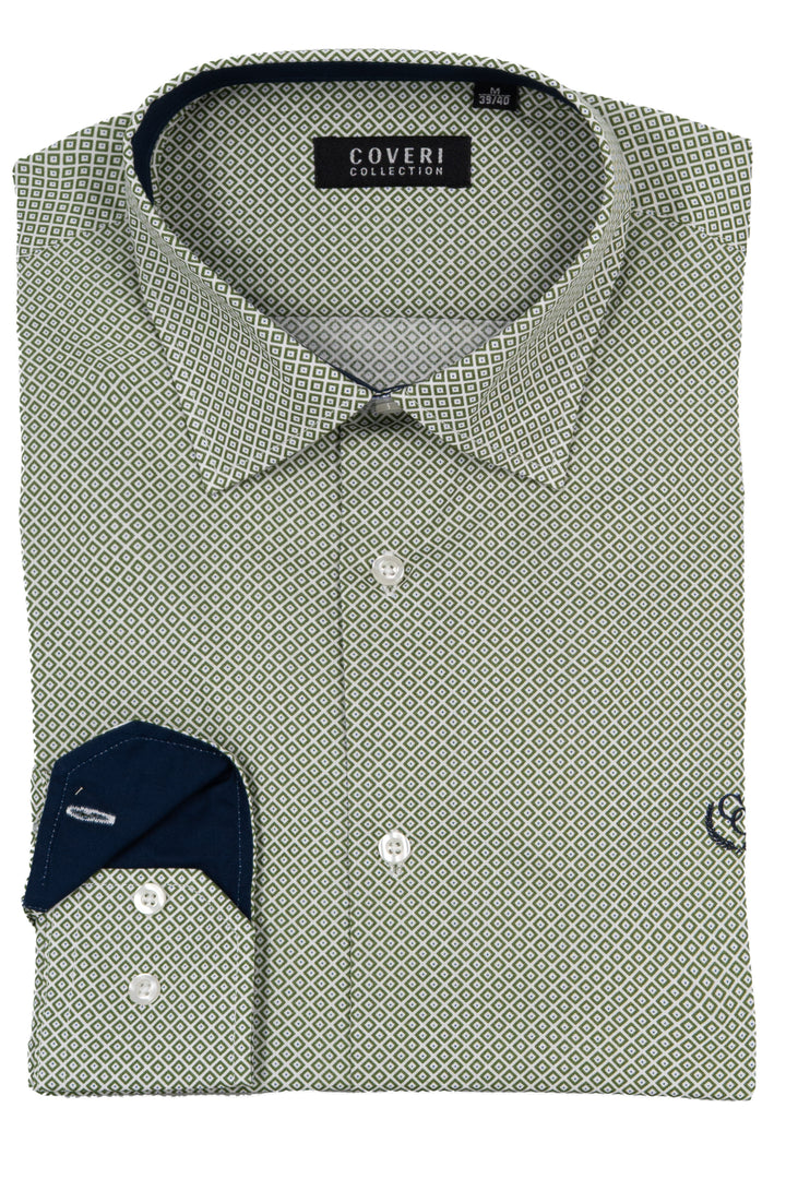 Camicia uomo collo classico Coveri Collection in puro cotone microfantasia con interno collo e polsini in contrasto e ultimo bottone blu