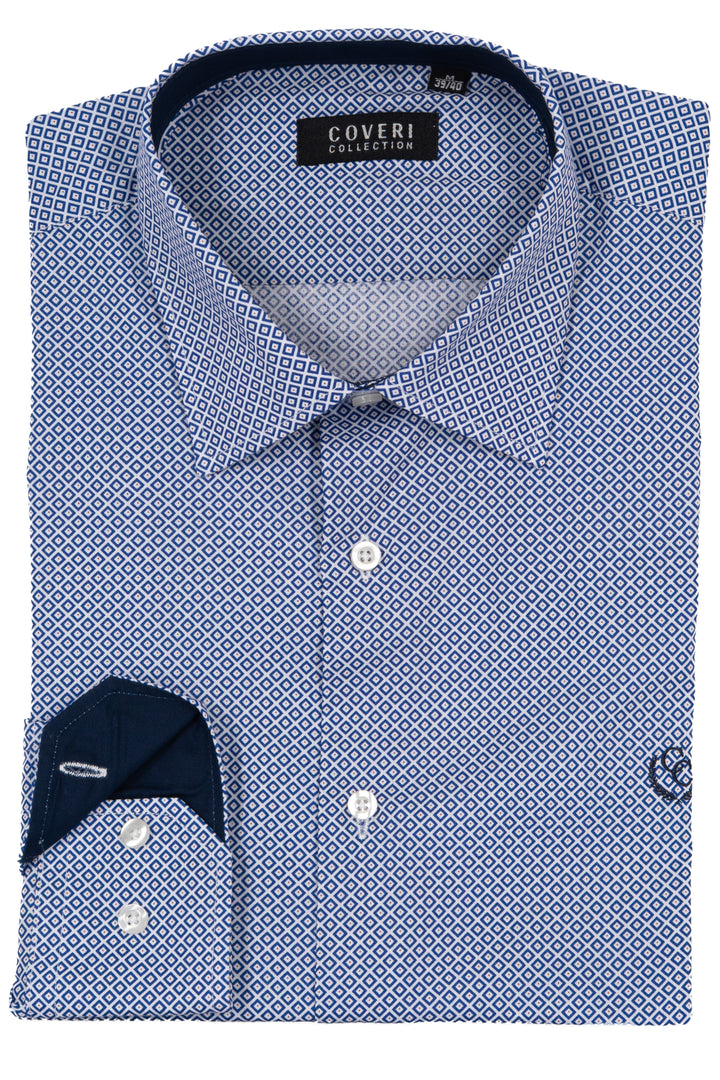 Camicia uomo collo classico Coveri Collection in puro cotone microfantasia con interno collo e polsini in contrasto e ultimo bottone blu
