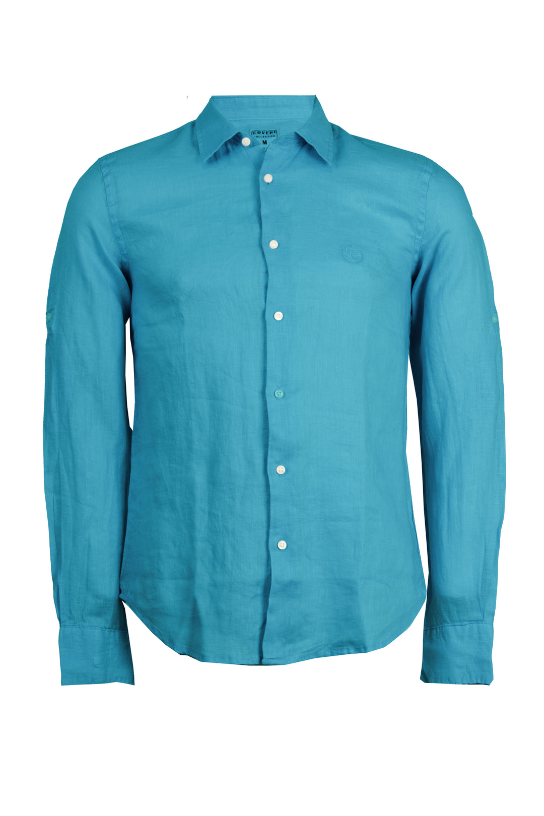 Camicia collo classico in puro lino colore turchese con logo ricamato sul cuore