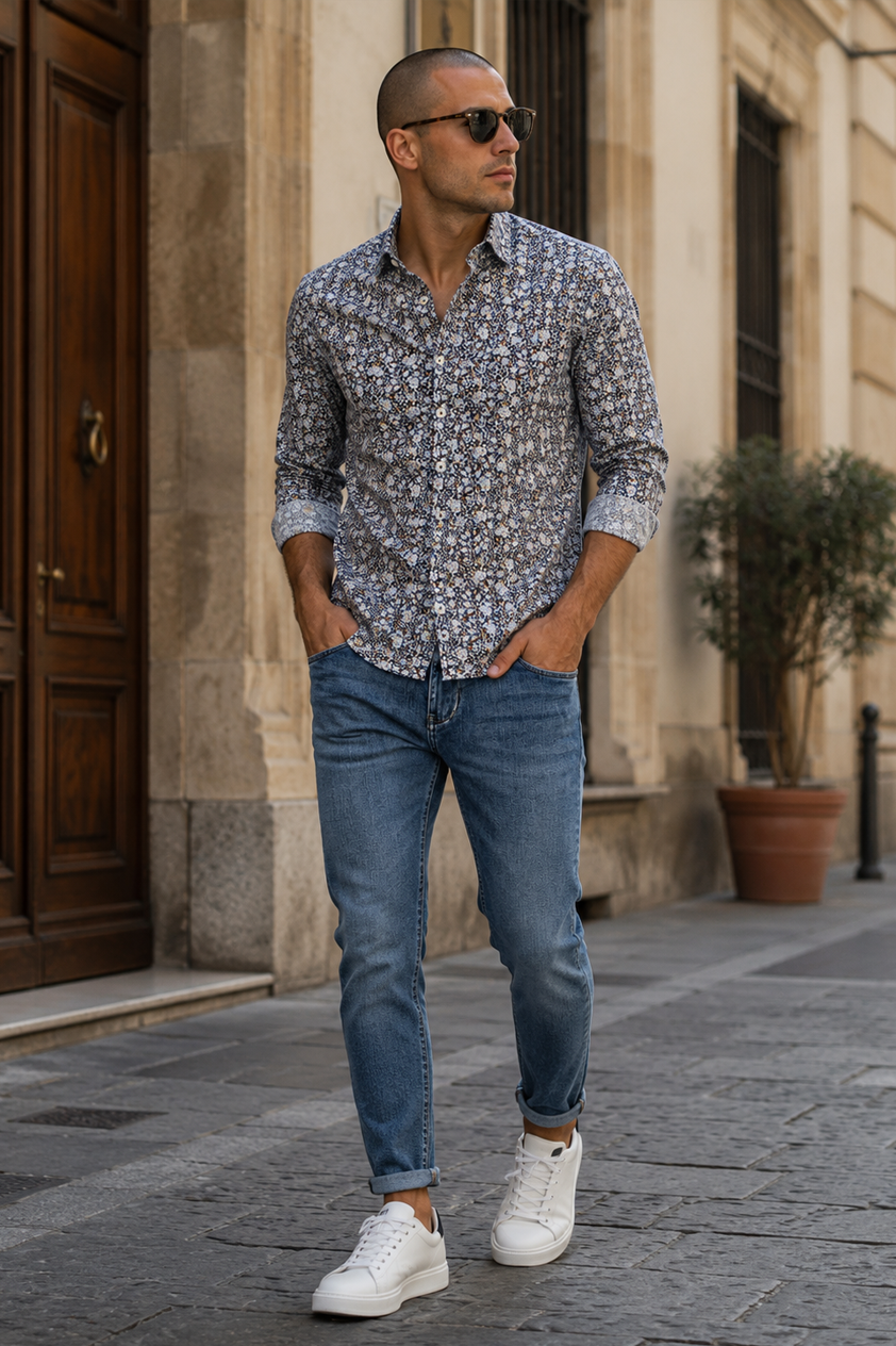 Denim Bloom | Jeans Elasticizzato e Camicia Floreale Uomo