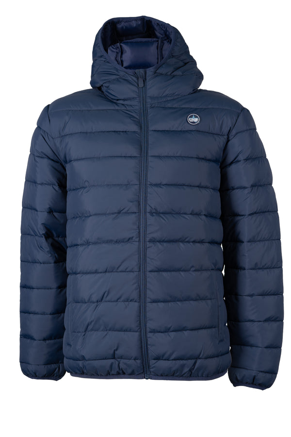 Piumino uomo con cappuccio e fodera interna in contrasto cromatico colore blu navy