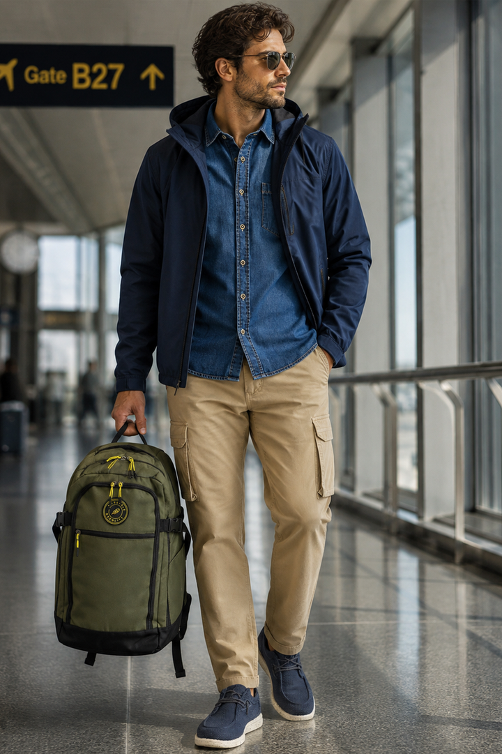 Outfit Uomo da Viaggio Completo – Cargo, Camicia, Softshell e Zaino