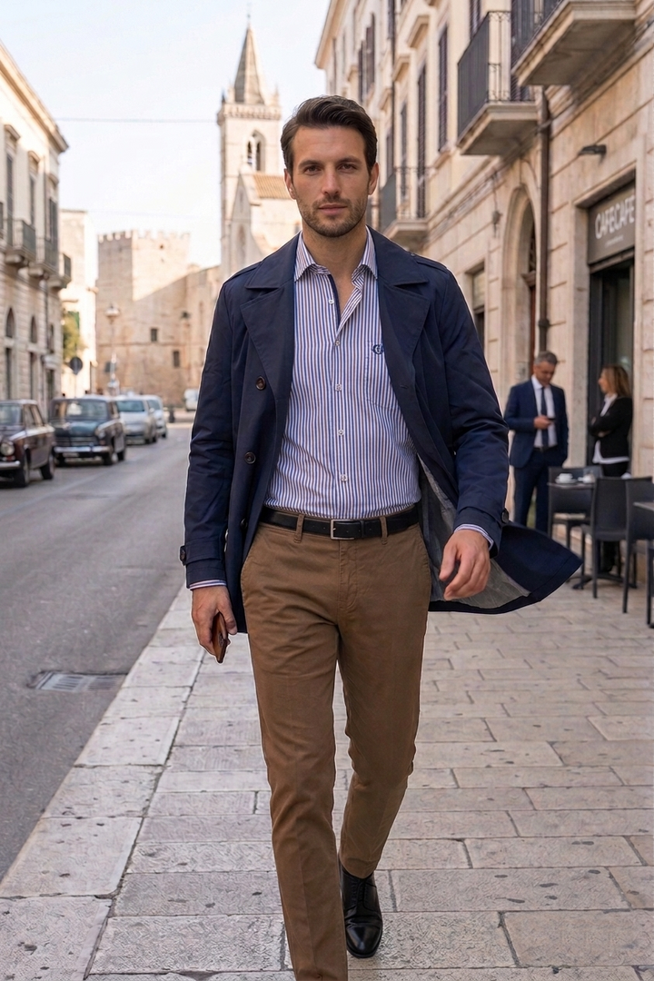 Giaccone Elegante, Camicia a Fantasia e Pantalone Stretch