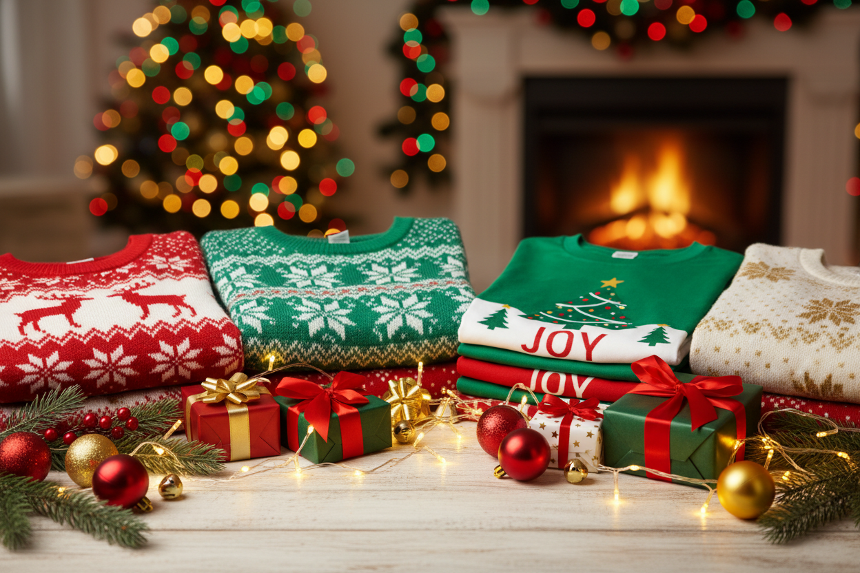 Una scena festosa e accogliente con maglioni natalizi e t-shirt piegati o appoggiati elegantemente su un tavolo in legno chiaro. Intorno, piccoli regali impacchettati con carta rossa e verde, nastri dorati, palline natalizie, lucine LED calde e rami di abete decorativi. Sullo sfondo sfocato, luci natalizie morbide e un’atmosfera calda e luminosa. I colori principali sono rosso, verde, bianco e oro. L’immagine trasmette allegria, spirito natalizio e l’idea di regali pronti da donare.