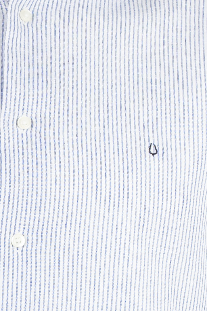 Camicia uomo mezza manica button down in misto lino rigata blu e bianca