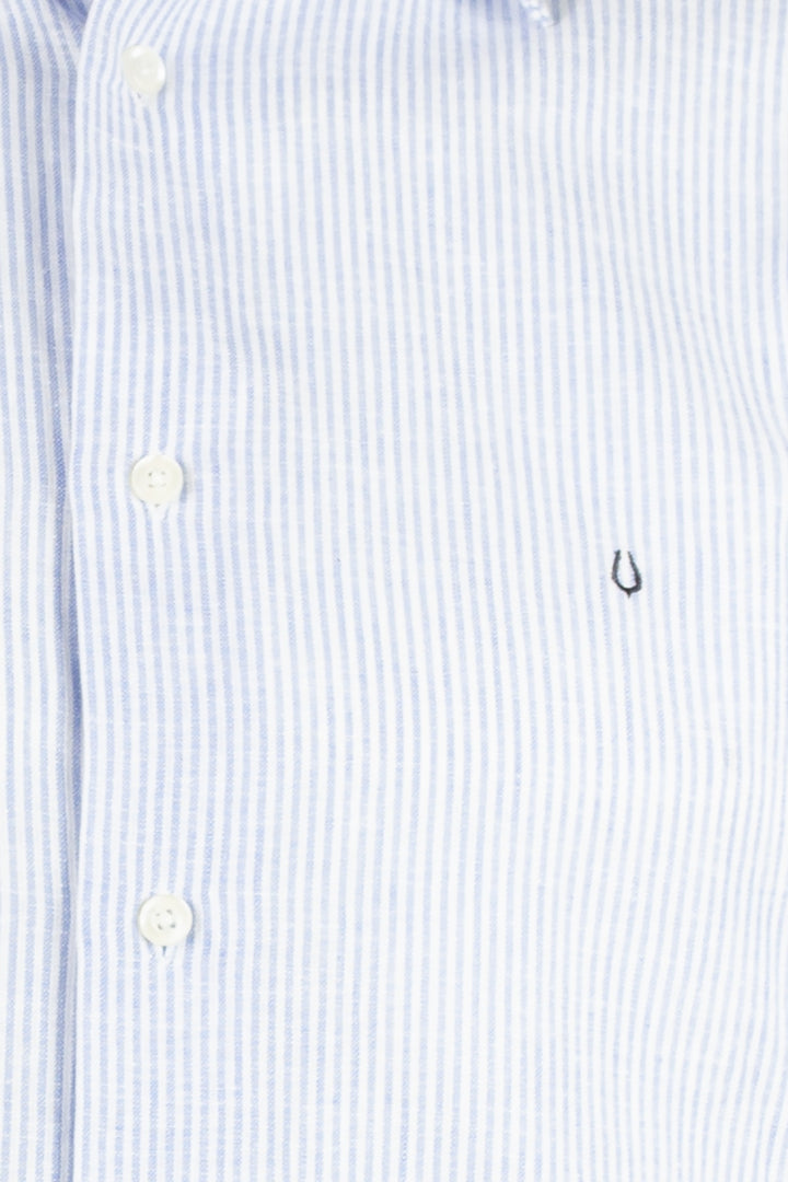Camicia uomo mezza manica button down in misto lino rigata blu e bianca