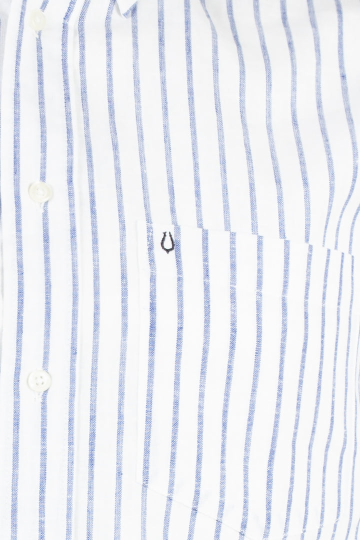 Camicia uomo mezza manica collo italiano in misto lino rigata blu e bianca