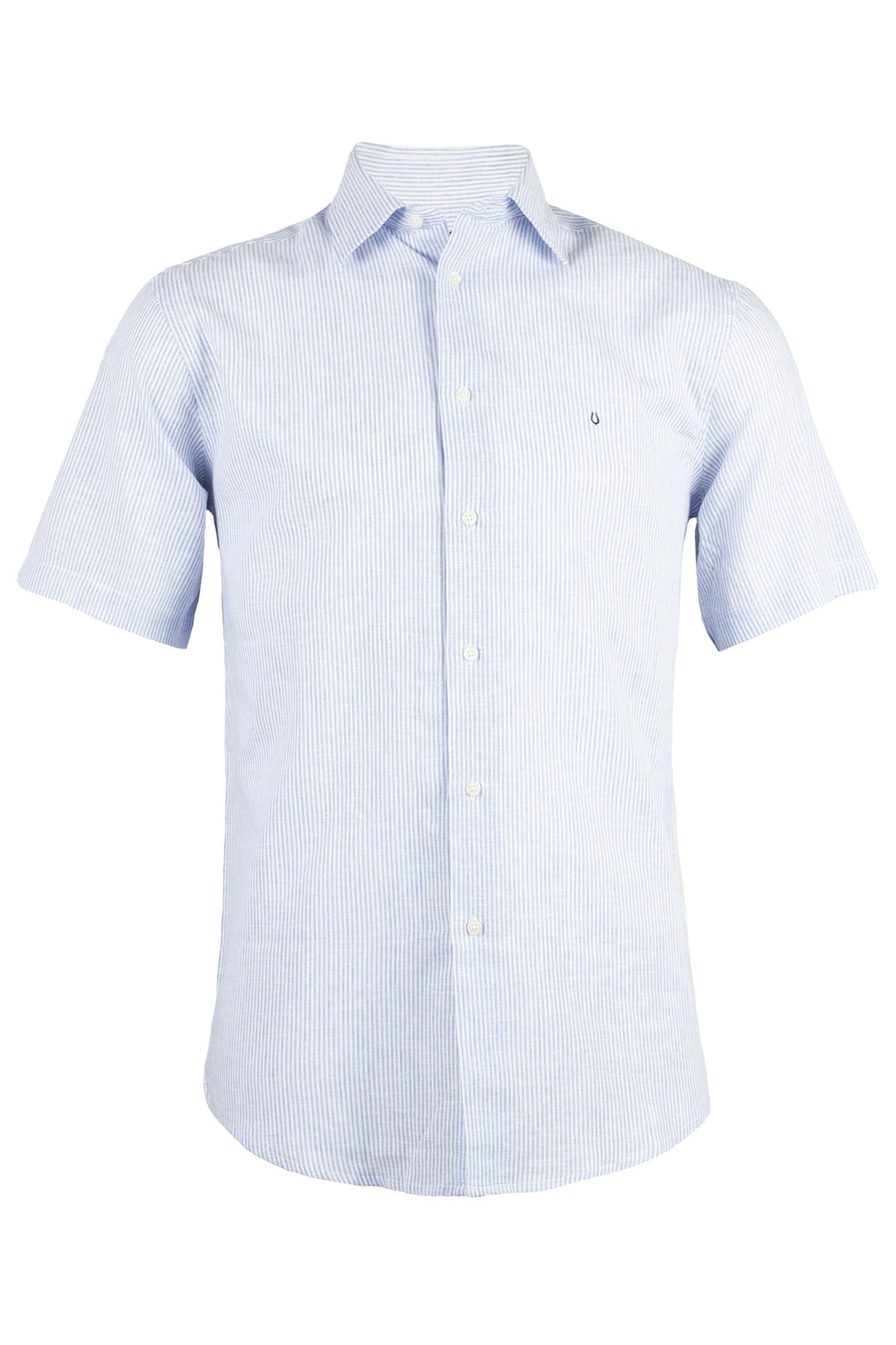 Camicia uomo mezza manica collo italiano in misto lino rigata blu e bianca