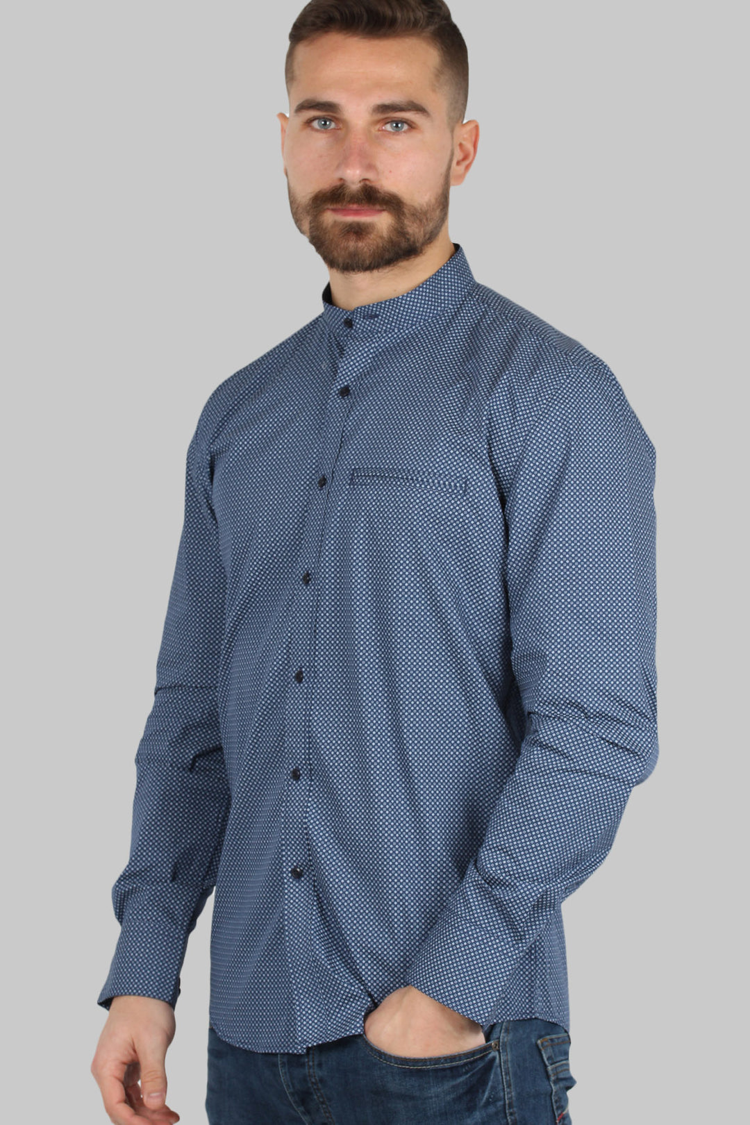 Camicia coreana uomo con microfantasia a contrasto