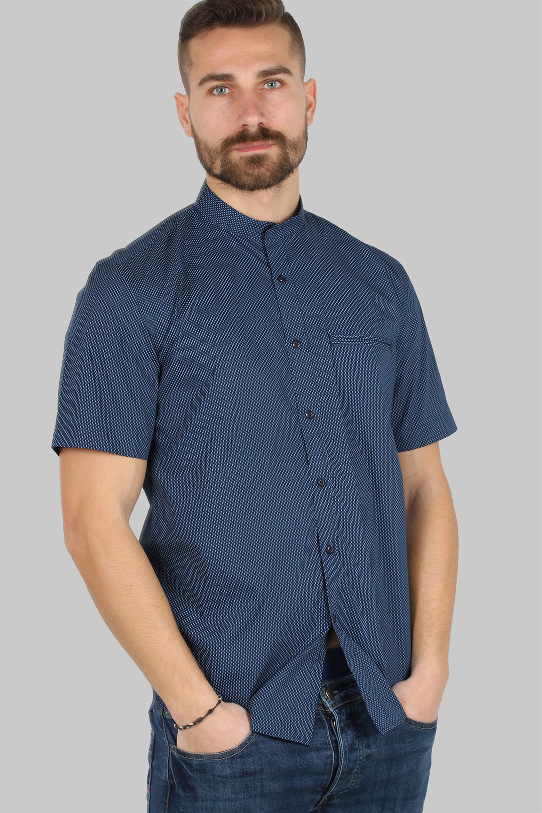 Camicia mezza manica uomo con microfantasia a contrasto