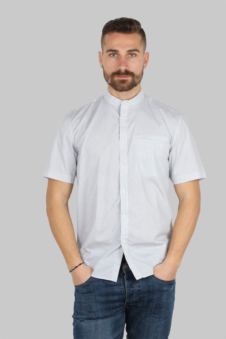 Camicia coreana mezza manica uomo con microfantasia a contrasto